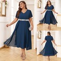 Übergröße Damen Elegant V-Neck Abendkleid Midikleid Pailletten A-Linie Ballkleid