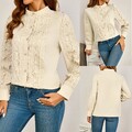 Damen Elegant Tops Stehkragen Knopf Bluse Langarmshirt Freizeit Hemd Oberteile