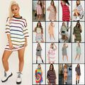  Damen gestreift Übergröße Baggy Passform lose lange T-Shirt Minikleid Top