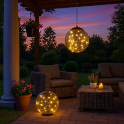 2x LED Solarlampe Hängelampe rauch Kugel Gartendeko Stecklampe Außenleuchte