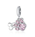 Charm Dangle 925 Silber Hund Pfote Herz Rosa Steinchen - Anhänger für Armband
