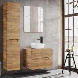 Badmöbel Set mit 60cm Waschtisch Wotaneiche Hochschrank Badspiegel Gäste-WC