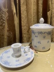 Vintage Laura Ashley Blue Ribbons Ceramic Candlestick Holder and Lidded Jar, Pot