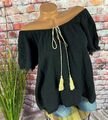 Bohemian Leinen TOP Carmen Bluse A-LINIE Italy Quasten SCHWARZ 36 38 40 42