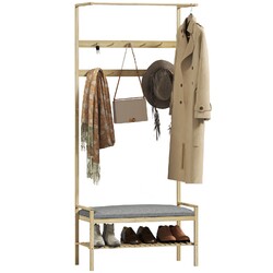 Garderobenständer mit Schuhbank, Kleiderständer mit Haken, Schuhregal, Natur