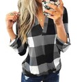 Damen Kariert V-Neck Langarm T-Shirt Karohemd Freizeit Hemd Bluse Tunika Tops BN