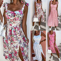 Damen Blumen Sommerkleid Trägerkleid Spliss Urlaubkleid Strandkleid Midikleid DE