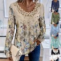 Damen Drucken Langarm T-Shirt Hemd Freizeit Hohle Oberteile Baggy Tunika Bluse