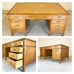 RIESIGER antiker Schreibtisch mit Lederplatte doppelseitig 2 Personen Vintage Podest Schubladen