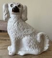Antik Staffordshire weiße Hundefigur fehlende Glasaugen 9 Zoll hoch