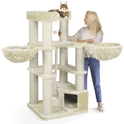 happypet® massiver Kratzbaum große Katzen mit Haus u. Spiel-Tau 161 cm CREME