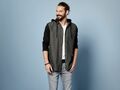 Freizeit Hemd - Gr. M L - grau - Jersey - Kent Kragen - Hoodie mit Kapuze