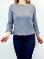 Damen Feinstrick Pullover 3/4 Ärmel Fransen Pulli Neu Italy Sweater Unifarbe