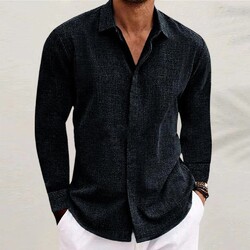 Herren Leinen-Optik Langarm Freizeithemd Tops Knopf Shirt Bluse Oberteile Hemden