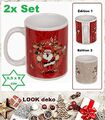 2 Kaffeepott Advent-Weihnachten-Crazy-Santa-Rentier Tassen Steingut Rot 9,x8,5cm