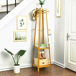 Stabil Garderobenständer Kleiderständer Garderobe Holz mit 3 Ablagen 8 Haken DHL