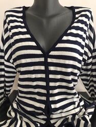 Basler Strickjacke Cardigan Longforn Gr. 40 Blau Weiß Streifen Viskosemischung