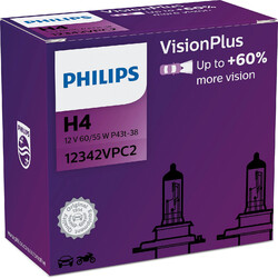 2x PHILIPS VisionPlus +60% H4 12V 60/55W für SMART FORTWO 450 453