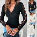 Damen Sexy Langarm Spitze Pullover V-Neck Party T-Shirt Oberteile Tunika Bluse