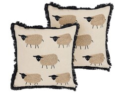Dekokissen mit Füllung 2er Set Tiermotiv Schaf Baumwolle beige 45 x 45 cm Bannu