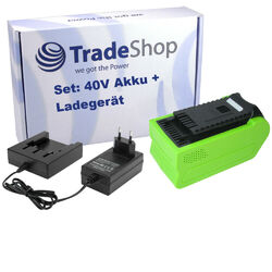 Set: Li-Ion Akku 40V 3000mAh + Ladegerät passend zu Greenworks 27087 Kultivator