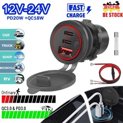 12V QC3.0 Dual PD 3.0 USB-C Auto Steckdose USB Ladegerät Buchse Dose KFZ Einbau,