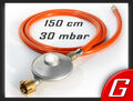  Druckminderer 30 mbar Regler, Gasschlauch 150 cm 1,5 m Gas Grill, Gaskocher