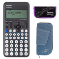 Casio FX-82 DE CW mit Jeans-Tasche hellblau und Zirkelset lila