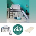 Hochbett mit Rutsche 90x200 cm Kinder Bett Holz Tunnel Grau Vorhang Homestyle4u
