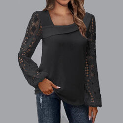Damen Spitze Langarm Oberteile Freizeit Tops Party Hemd Herbst Shirt Damenbluse