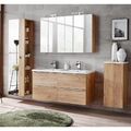Badezimmer Set m. Doppel Keramik Waschtisch 120cm Wotaneiche 2 Spiegelschränke