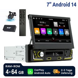 DAB+ 1 DIN 7 Zoll Flip Out Android 14 Carplay Autoradio GPS WIFI FM BT KAM 4+64G