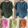 Damen Drucken T-Shirt Sommer Tops Leinen Bluse Kurzarm Tunika Freizeit Obertei v