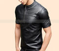 Herren T-Shirt Stylisch Lammleder Schwarz Party Clubwear Biker Mode Handarbeit