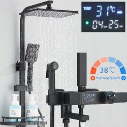 Thermostat LED Duscharmatur Schwarz Duschset Regendusche Duschsystem Handbrause