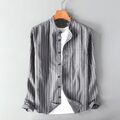 Herren Baumwolle Leinen Hemd Gestreift Top Locker Geknöpft Bluse Lang Arm T Grau