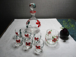 Karaffe 6 Gläser "Rote Blume" Likör-Set + Teelichthalter 50er Jahre