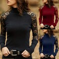 Damen Spitze Langarm Rollkragen Pullover Tops Oberteile Freizeit Bluse Hemd Tops
