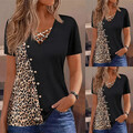 Damen Leopard Kurzarm Tunika Oberteile Knopf V-Neck T-Shirt Blusehemd Party Tops