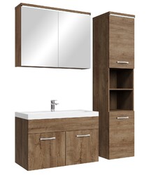 Badezimmer Badmöbel-Set Paso LED 80cm Waschbecken Braun Eiche - Unterschrank Hoc