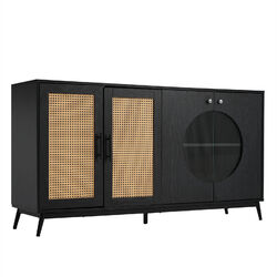 Sideboard mit Rattangeflecht Anrichte Kommode Küchenschrank mit Glastüren 160 cm