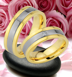 2 Trauringe Eheringe Partnerringe mit Stein GRAVUR GRATIS , Vergoldet , JE57-1