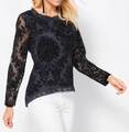 NEU Übergröße Damen Samt Langarm Shirt mit Spitze dunkel blau Gr. 48, 50, 52