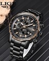 LIGE Herren Quarzuhr Schwarz Edelstahl Chronograph Datum Business Uhr