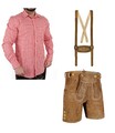 Trachtenset Trachtenlederhose Hellbraun kurz 46-60 + Trachtenhemd rot S-3XL