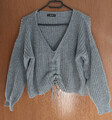 Kurzer Woll Strick Cardigan Pullover Sweater Grau mit Raffung Gr. M