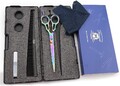 mehrfarbige Friseurschere, Haarschneideschere den Salon, scharfe Kanten mit Etui