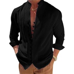 NEU Herren Leinen Langarm Hemden Locker Freizeit Hemd Top Hemdshirt Polyester