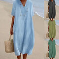 A-Linien-Kleid Für Damen Aus Baumwolle Und Leinen V-Ausschnitt Kurze Ärmel O