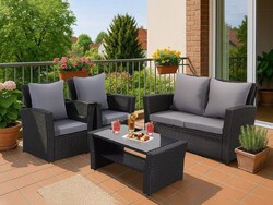 MeXo Polyrattan Gartenmöbel Set Lounge Sitzgruppe Rattanmöbel Gartenset Schwarz✔️4 Personen✔️Tisch mit Glasplatte✔️viel Platz
